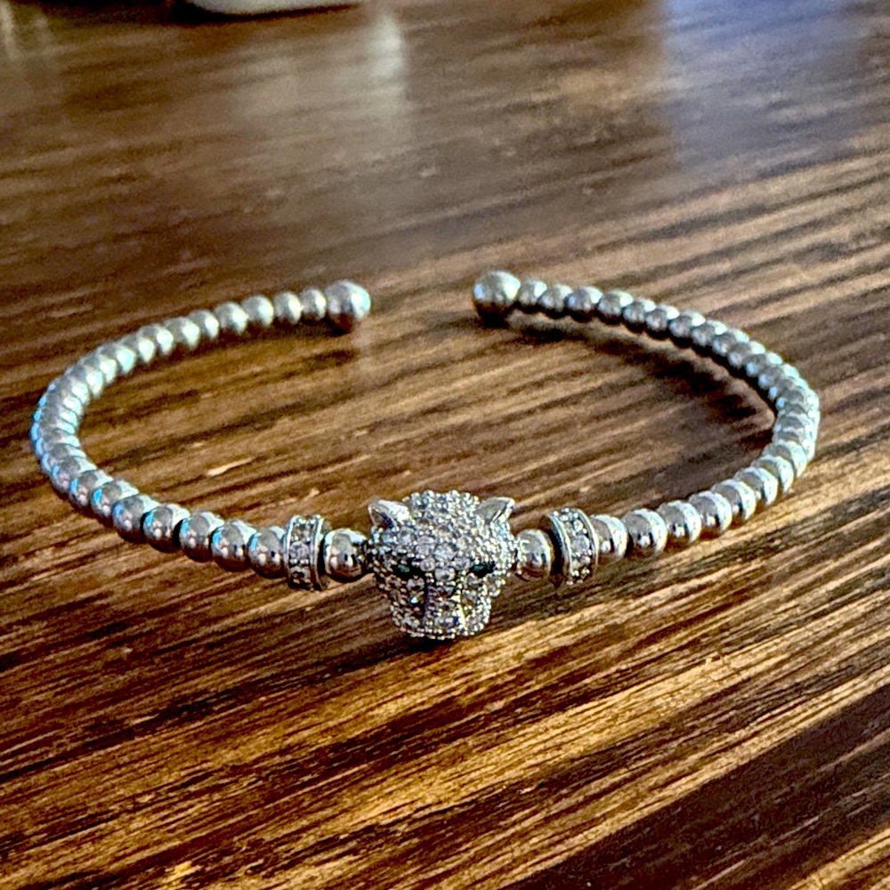 Silver Beaded Panther Head Cuff Bracelet